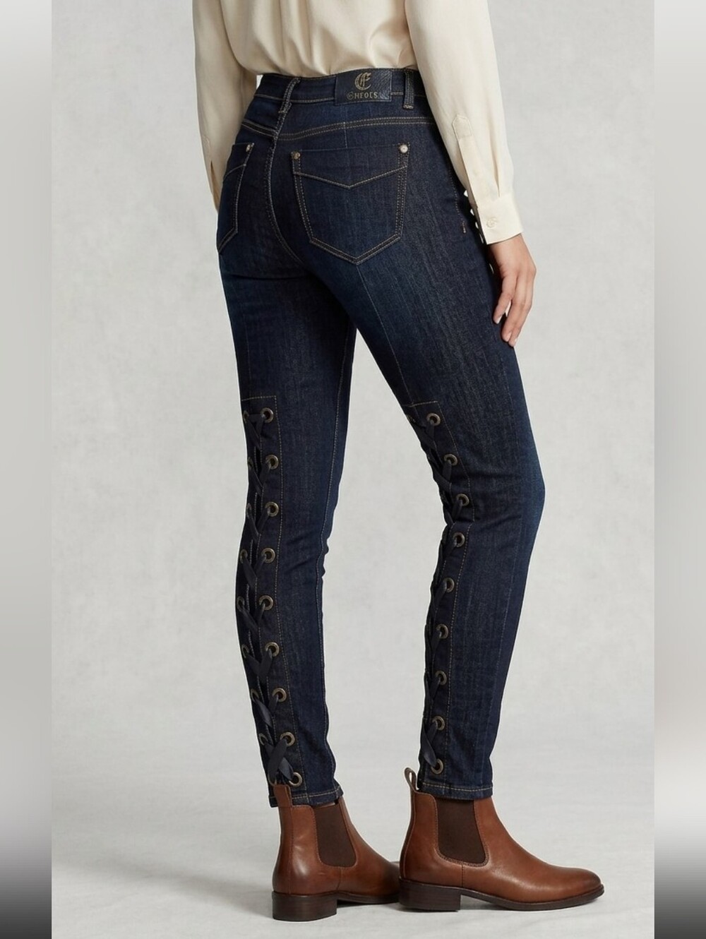 Encore Dark Wash Corset Lace Up Leg Skinny Jeans Edgy MlFashion